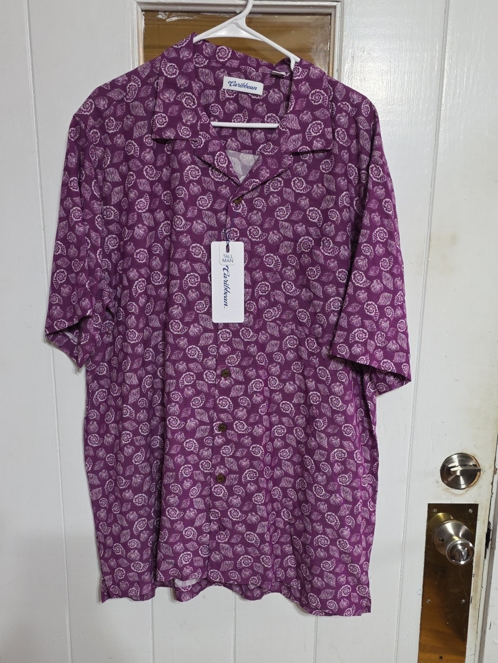 NWT Caribbean Tall Man‎ Short-Sleeve Button-Up Shirt Purple/White Shells Sz XLT